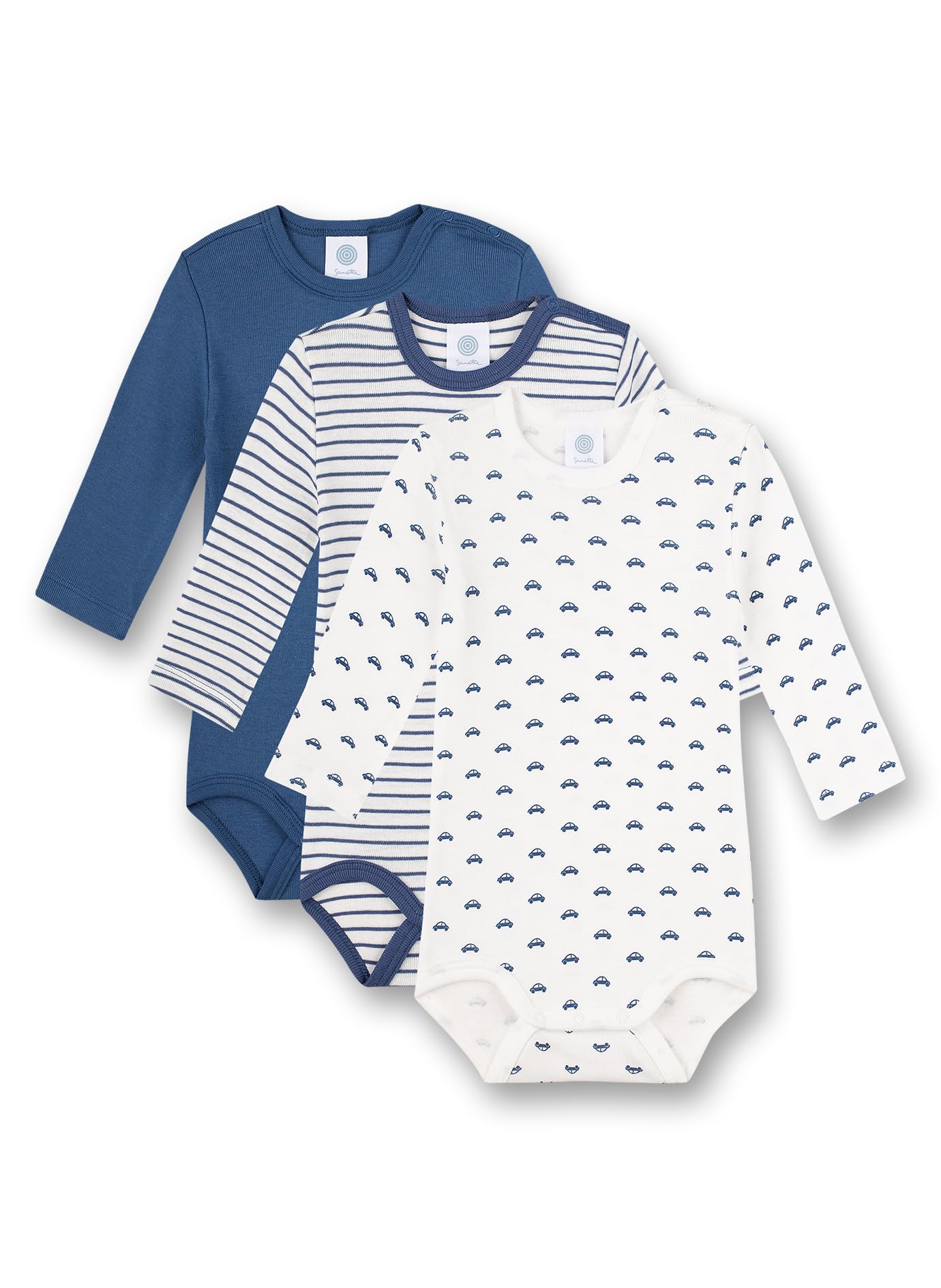 sanetta-baby-body-kurzarm-3er-set-jungen-blau-wei-ringel-autos-bio-baumwolle image 1