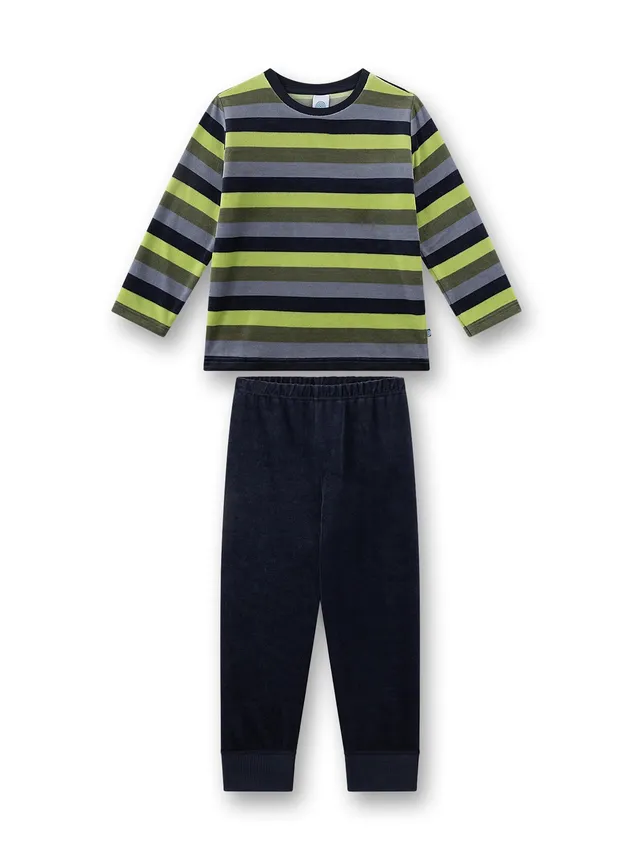 sanetta-jungen-schlafanzug-lang-khaki-ringel-aus-nicki-kinderpyjama-gr-n image 1